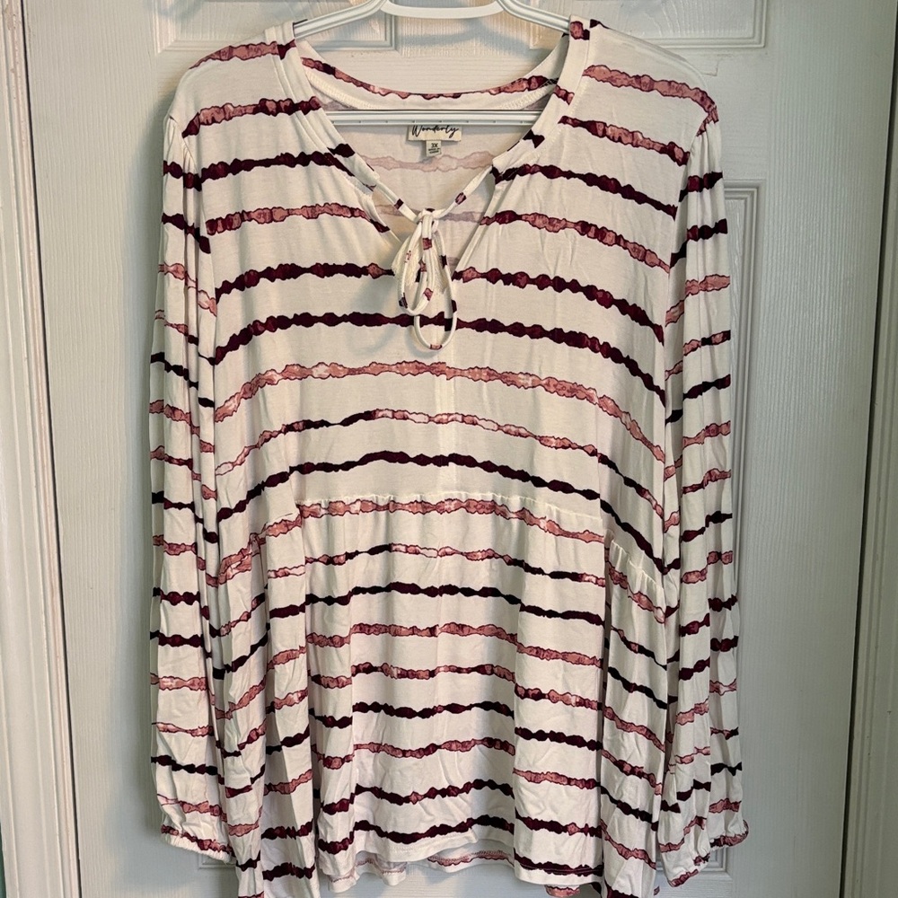 White & Burgundy Long Sleeve Plus Striped Top. Size 3X.